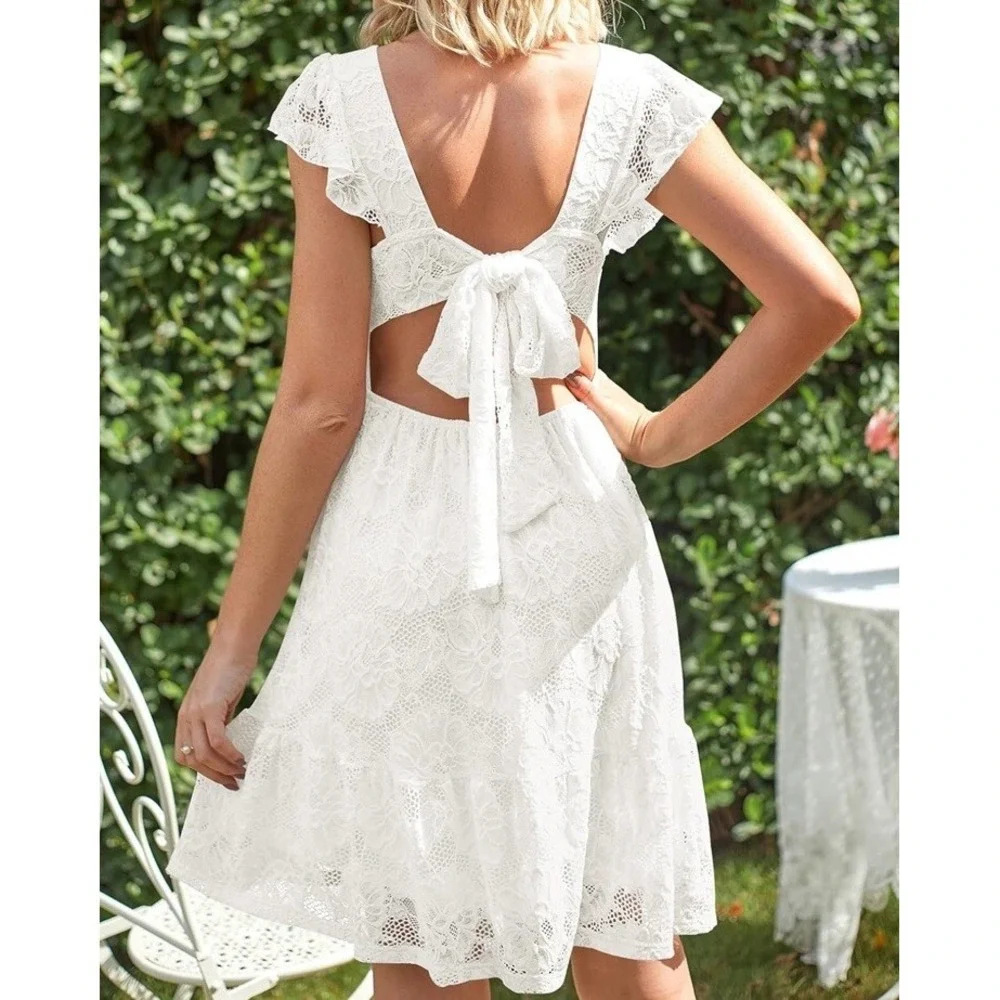 MEROKEETY Women's Floral Lace Short Sleeve Dress White color Tie Back size Med